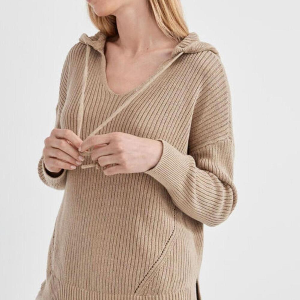 Haven Well Within Linen Blend Oversized Brown Hooded Sweater- Size - Medium